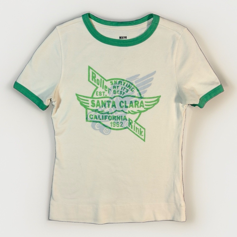 Maeve Anthropologie XS Santa Clara Roller Skating Graphic Ringer Tee Green